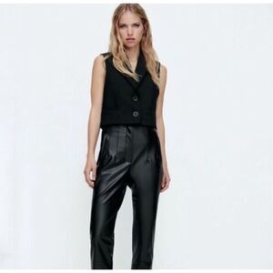 Zara Faux Leather Pleated Black High Waist Pants, Size M